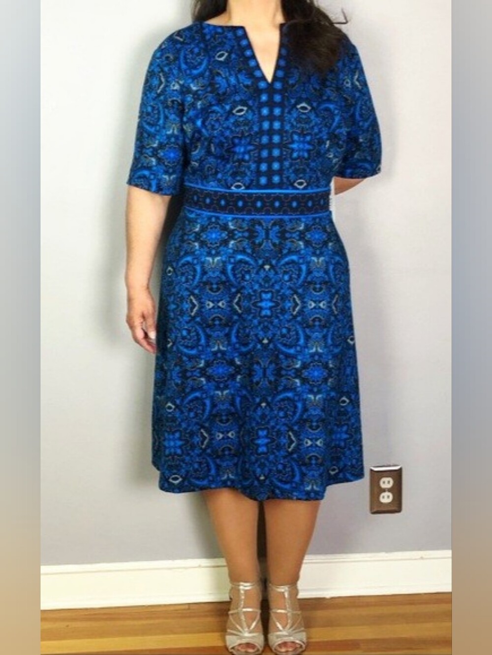 London Style Blue Patterned Short Sleeve Dress, Size 20W